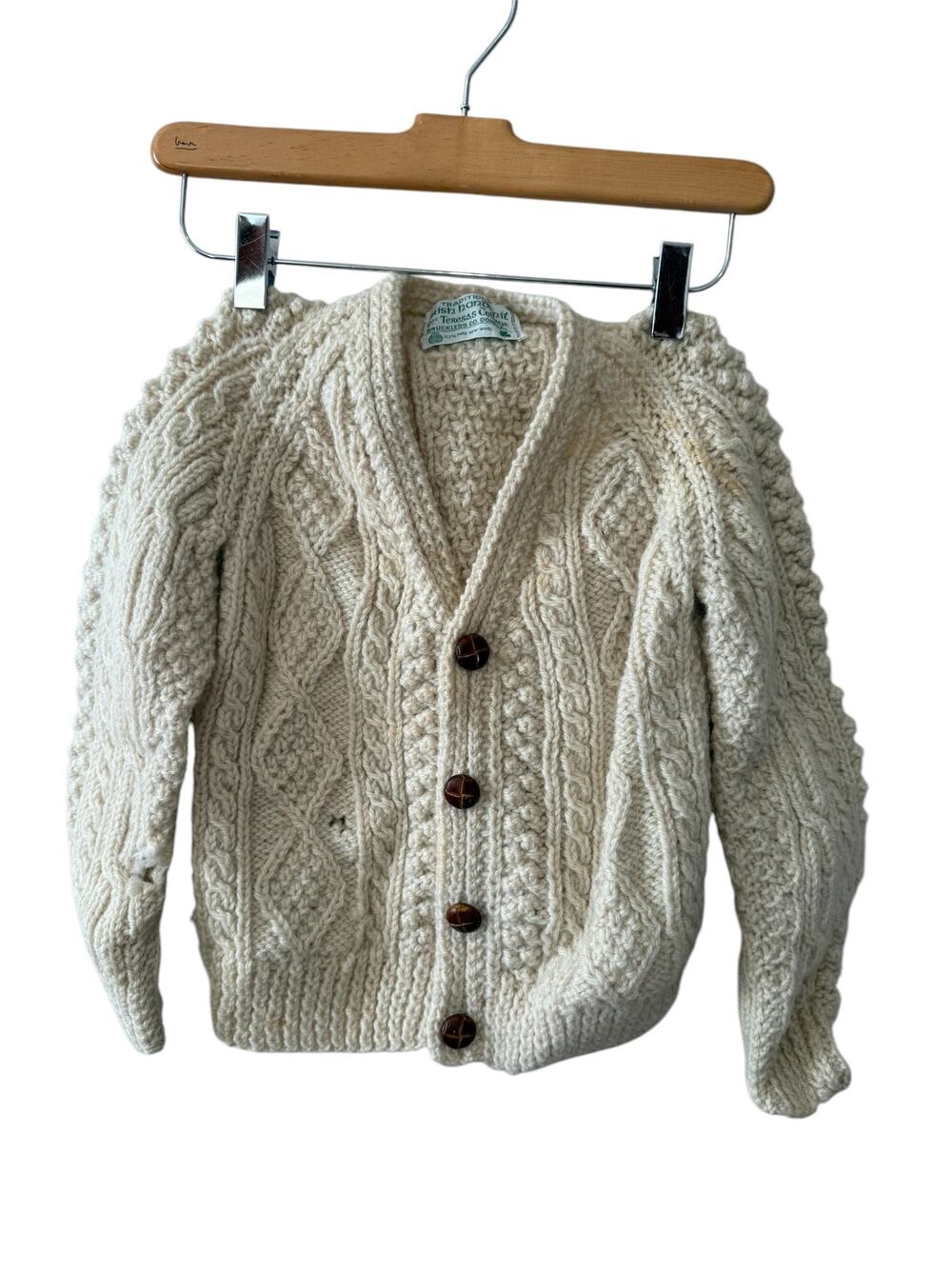 Vintage Childs Irish Wool Hand Knit Cardigan Sweater Oatmeal * FLAWED*
